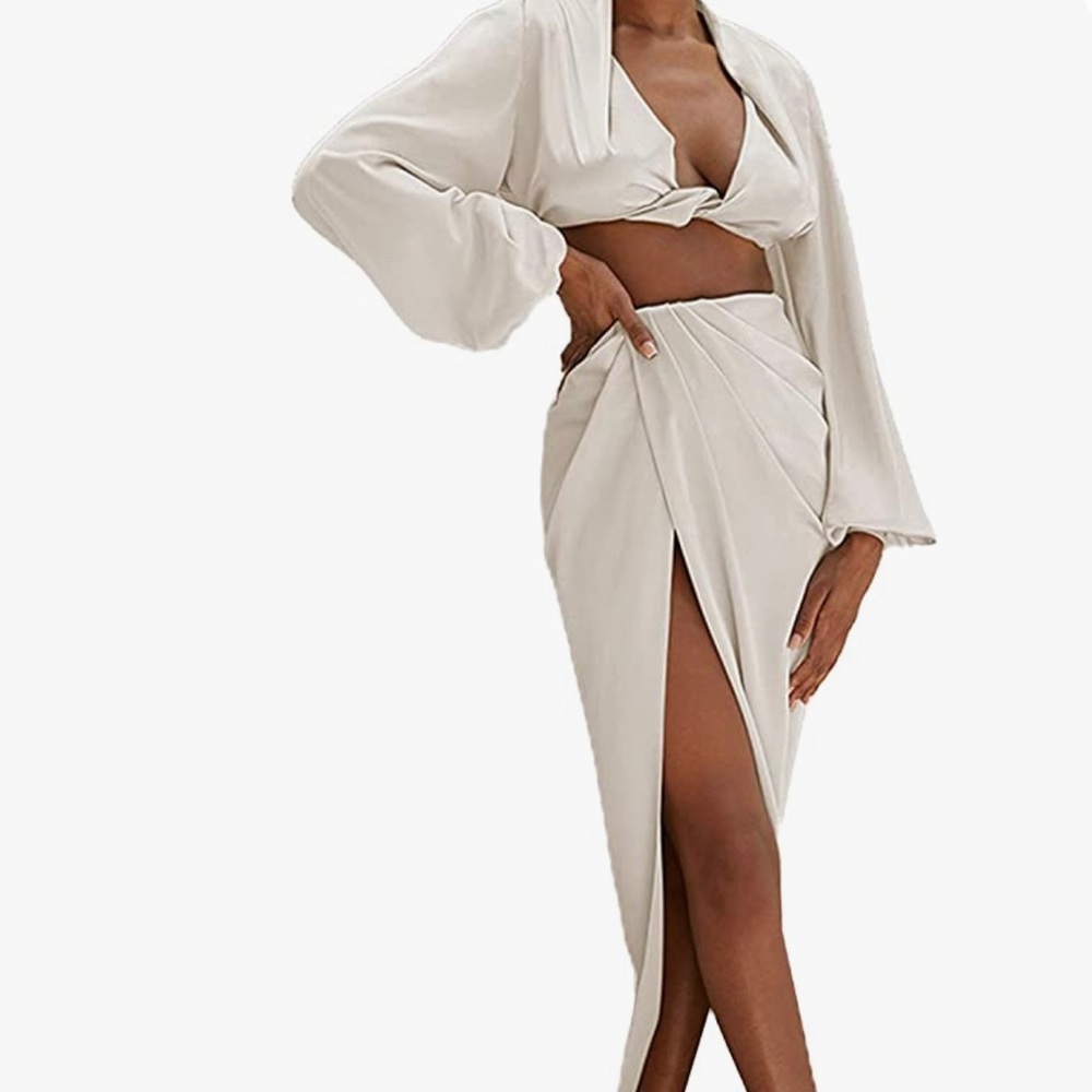 Long Sleeve 2 Piece Dress Outfits High Split Ruched Midi Skirt Crop Top Set Y2K